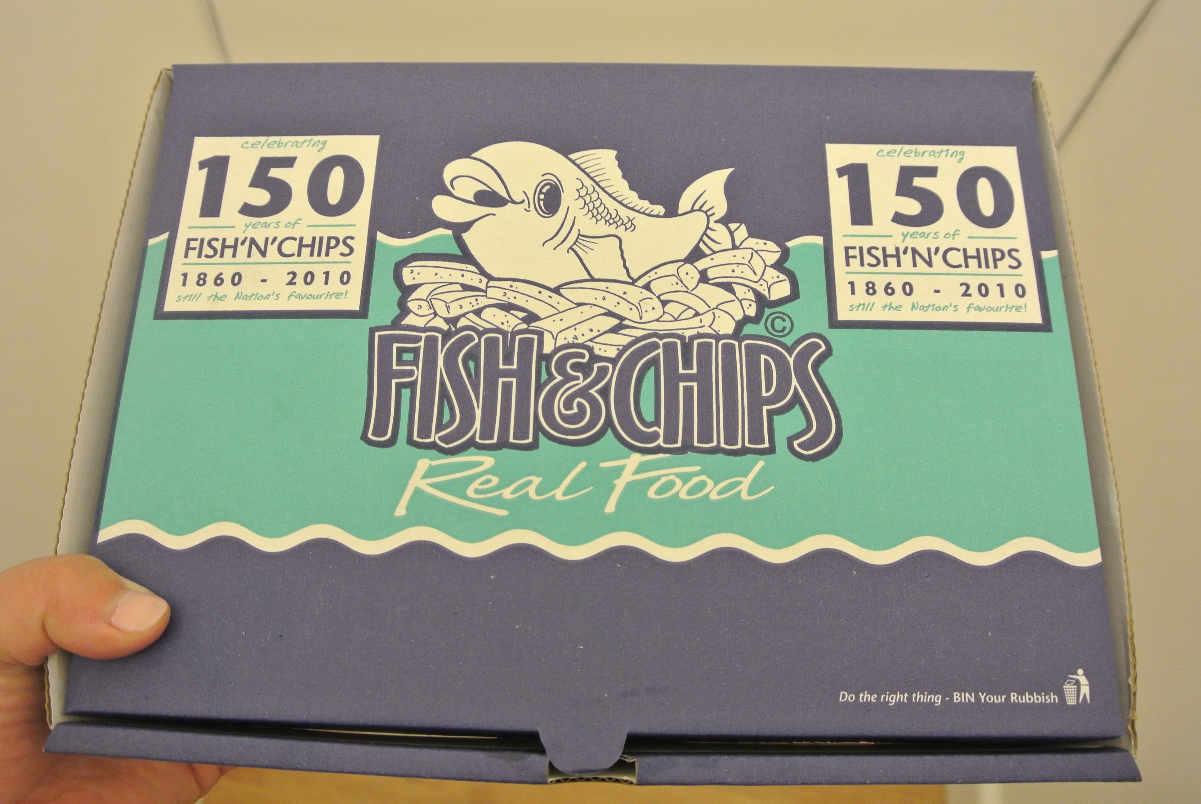Boxed fish and chips.