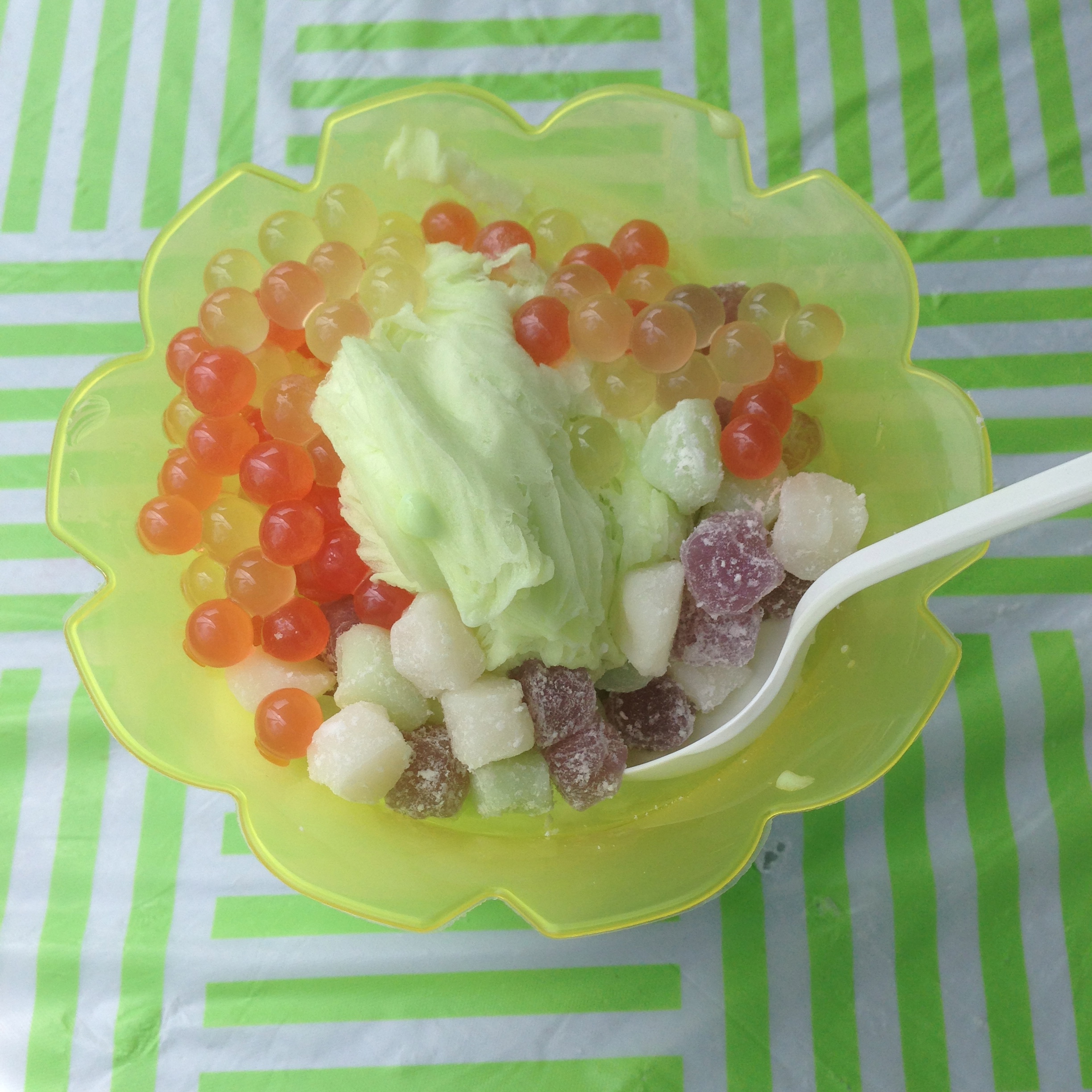 Melon flavoured snow ice with all the fixings.