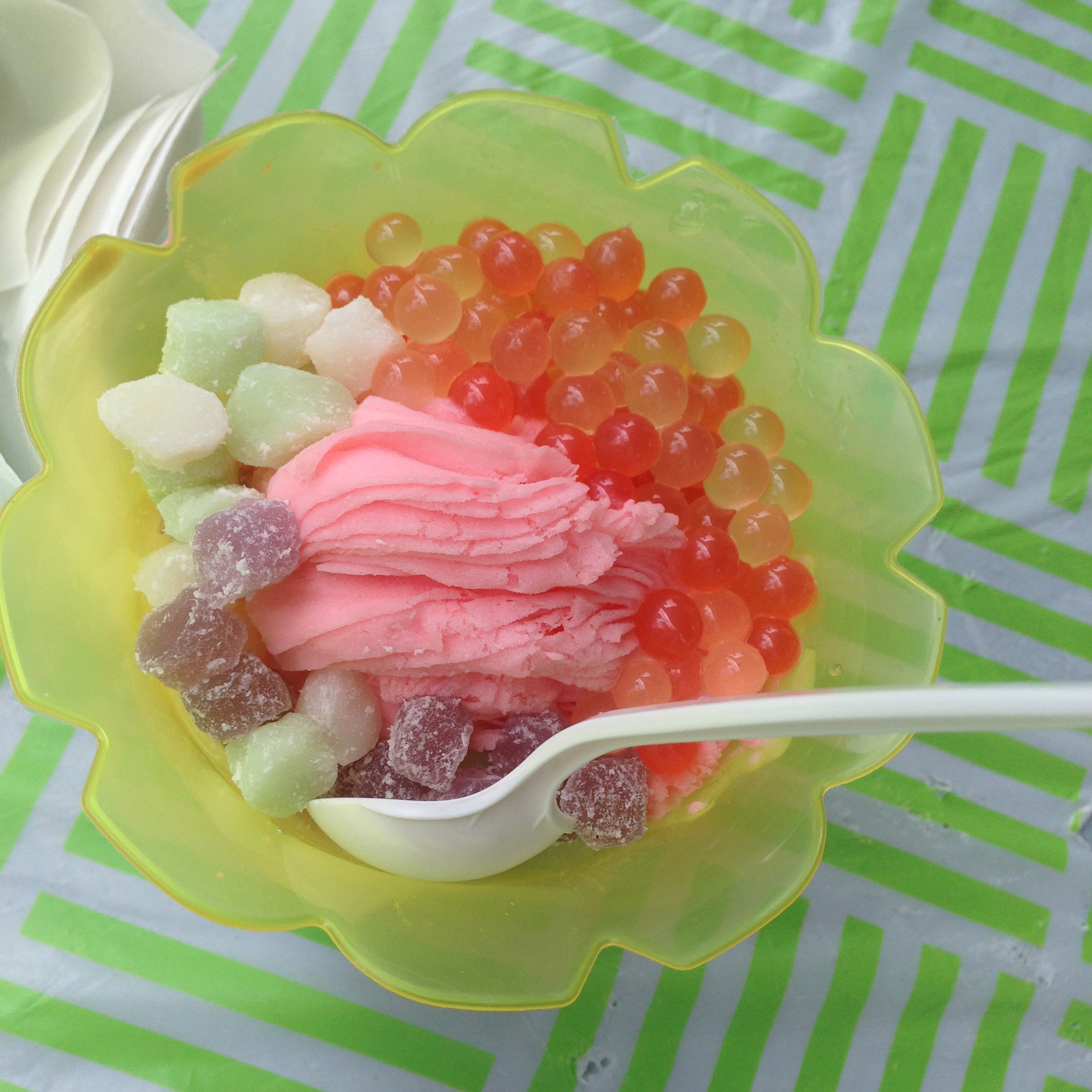 Strawberry snow ice with mochi cubes and tapioca.