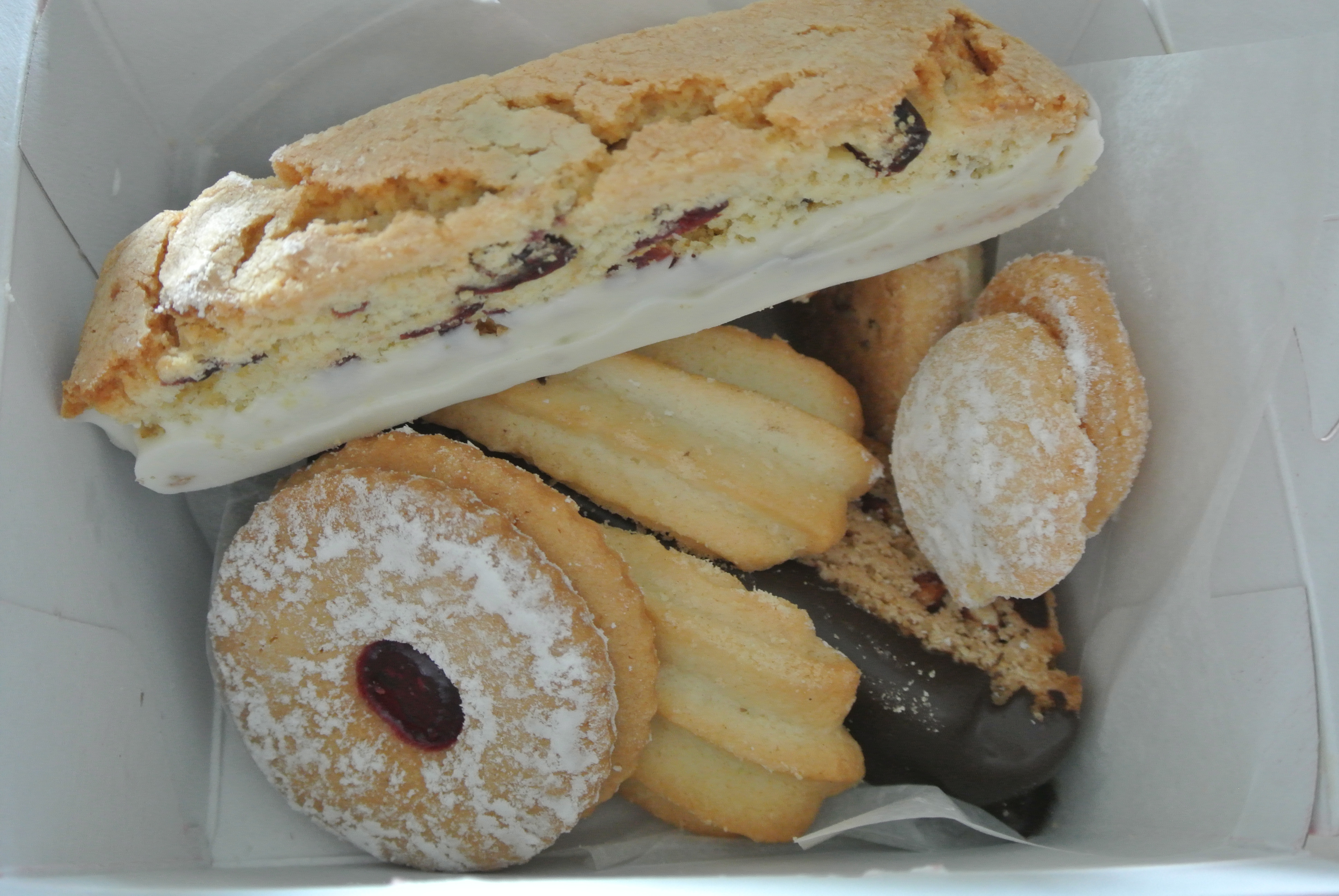 A box full of Italian biscotti and butter cookies. 